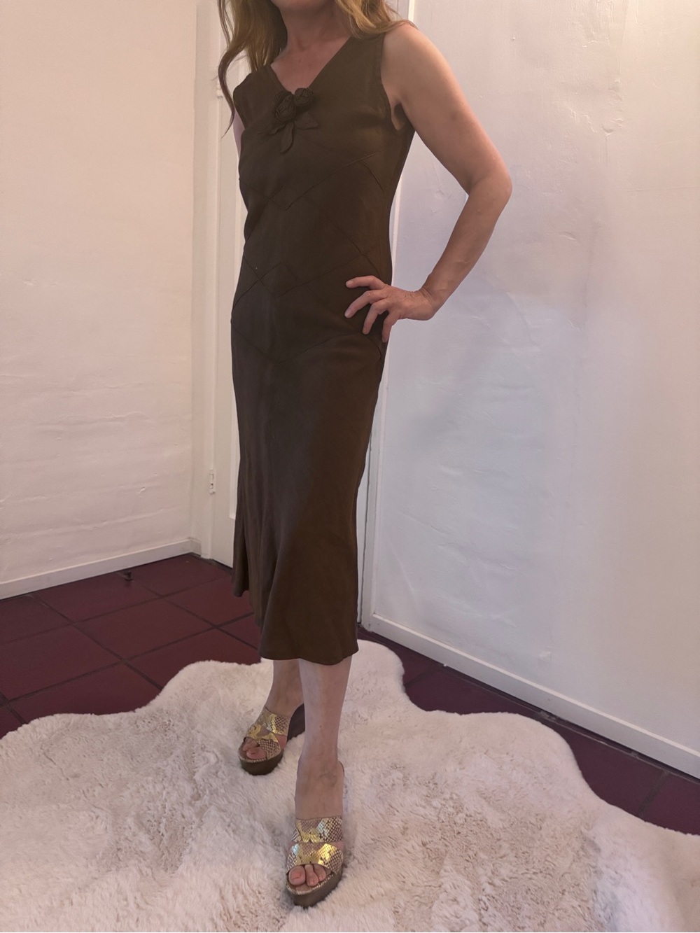 Italian Linen Sleeveless Brown Midi Dress with Floral Accent